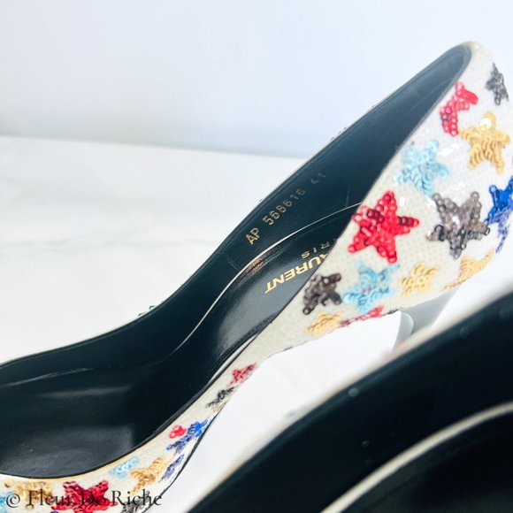 Saint Laurent Palace 105 White Sequin High Heels - Picture 5 of 9